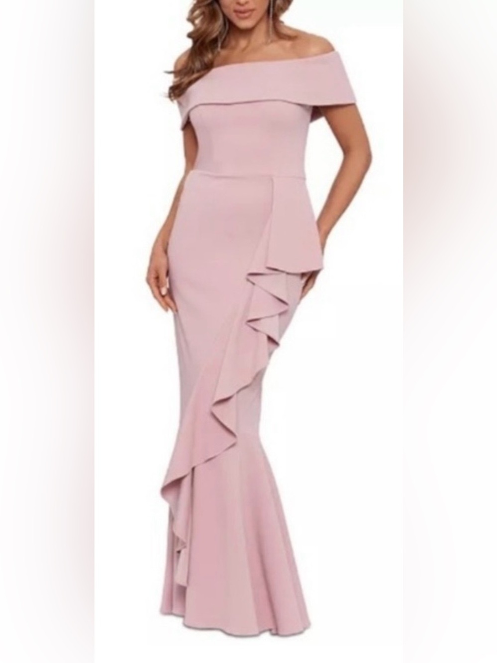 NWT Xscape Off Shoulder Cascading Ruffle Mermaid Gown in Rose